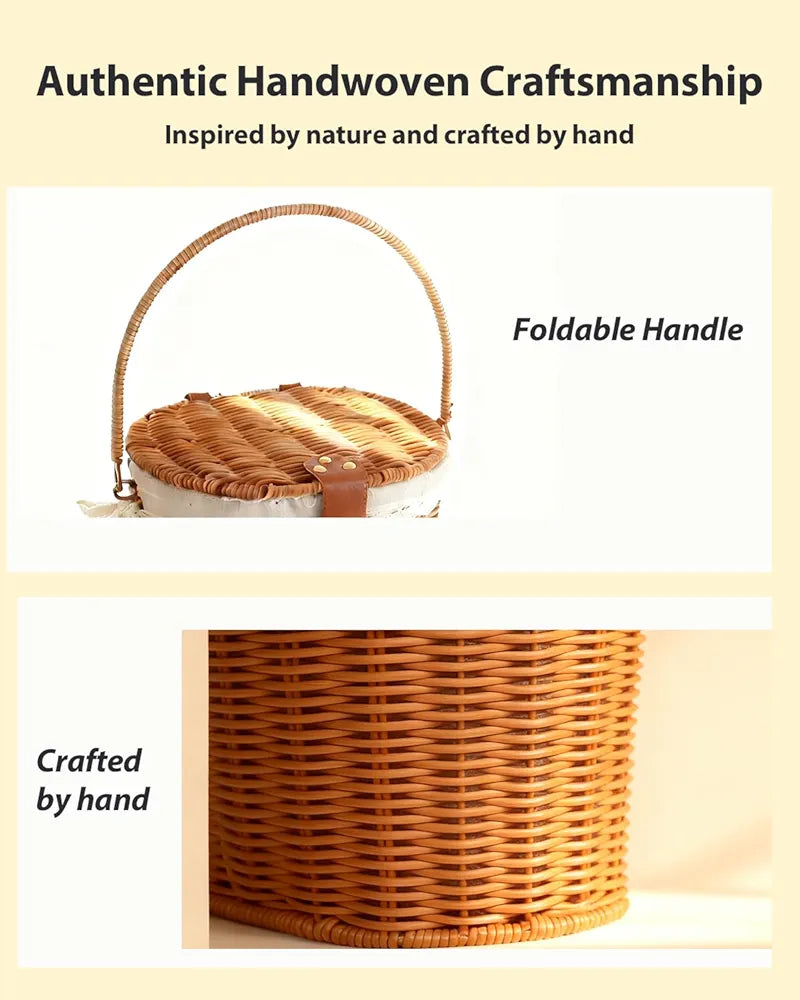 Kleiner Picknickkorb mit Deckel und klappbaren Griffen aus Rattan