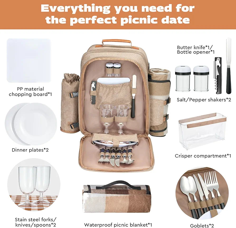 24L Isolierter Picknickkorb Auslaufsicherer Rucksack für 2 Personen