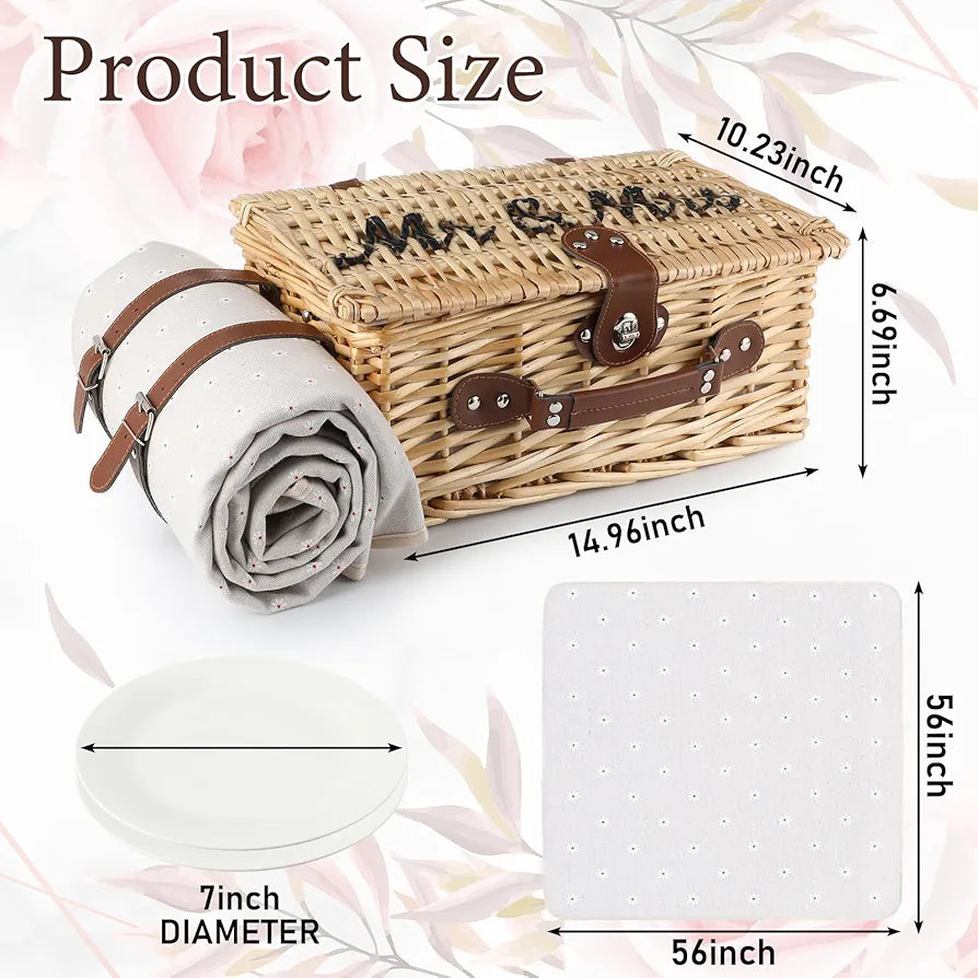Picnic Basket for 2, Engagement Wedding Bridal Shower Gifts for Couples Bride, Wicker Picnic Basket with Waterproof Blanket & Insulated Liner Willow Hamper Set for Mr and Mrs Outdoor Camping