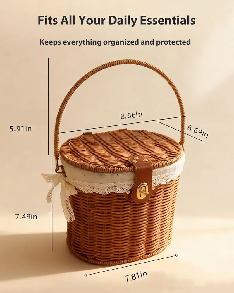 Kleiner Picknickkorb mit Deckel und klappbaren Griffen aus Rattan