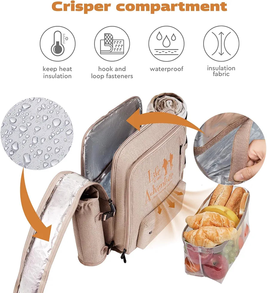 24L Isolierter Picknickkorb Auslaufsicherer Rucksack für 2 Personen