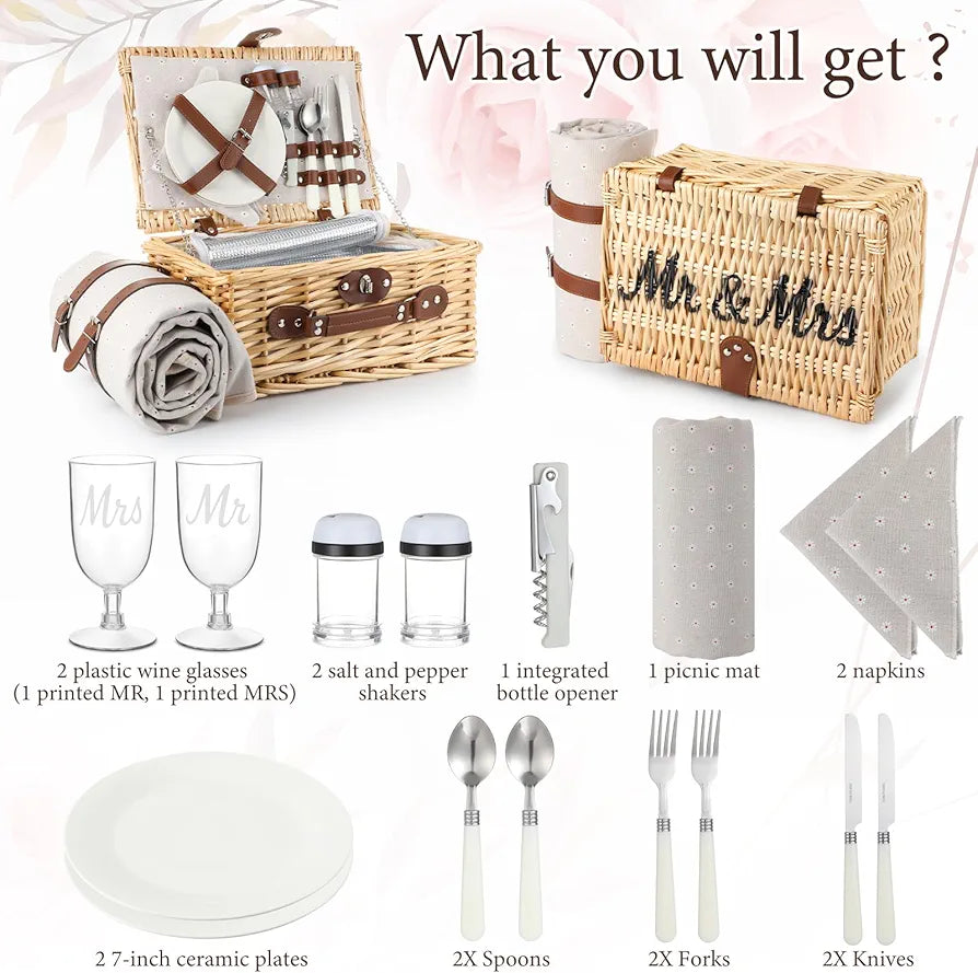 Picnic Basket for 2, Engagement Wedding Bridal Shower Gifts for Couples Bride, Wicker Picnic Basket with Waterproof Blanket & Insulated Liner Willow Hamper Set for Mr and Mrs Outdoor Camping