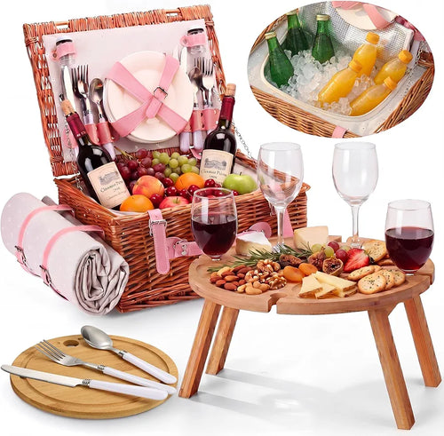 Briwooody Weiden-Picknickkorb-Set für 4 Personen mit Klapptisch