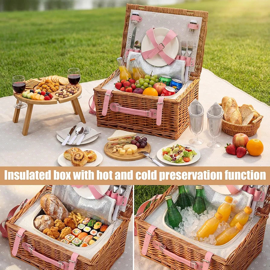 Briwooody Weiden-Picknickkorb-Set für 4 Personen mit Klapptisch