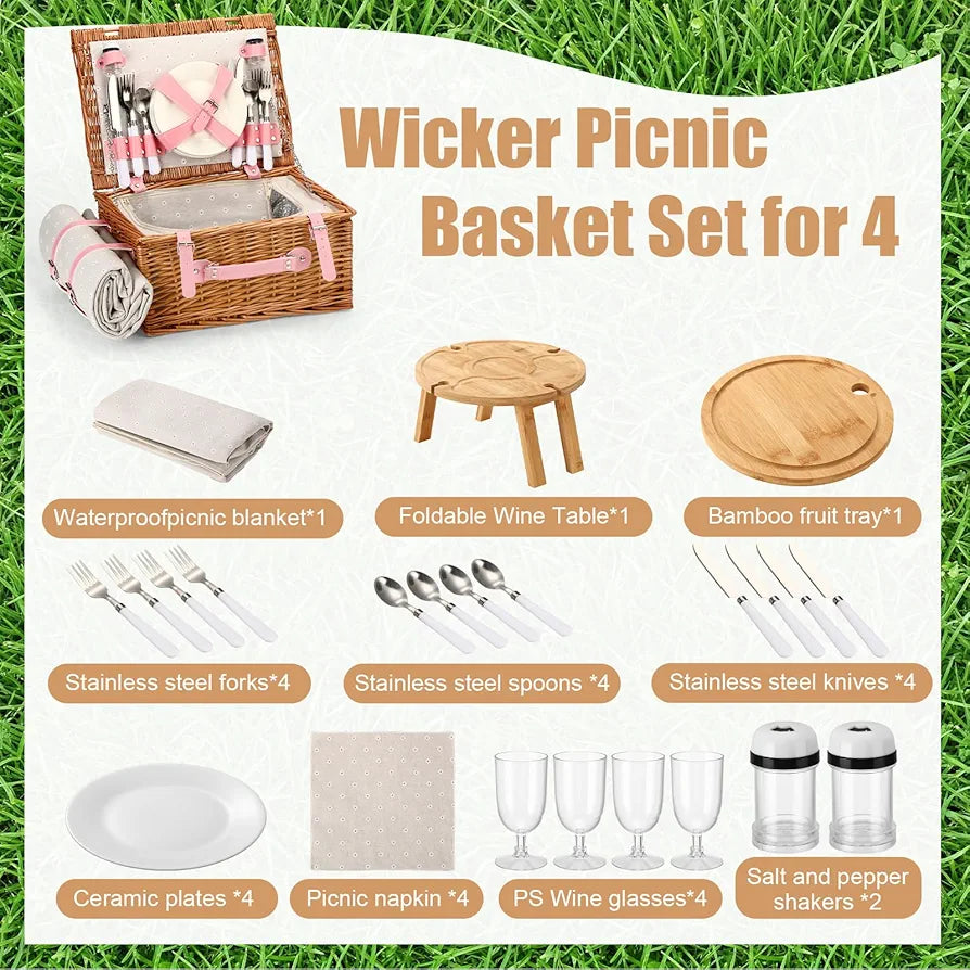 Briwooody Weiden-Picknickkorb-Set für 4 Personen mit Klapptisch