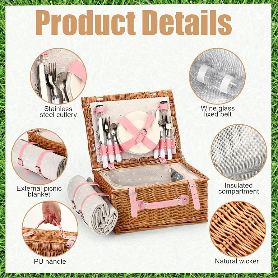 Briwooody Weiden-Picknickkorb-Set für 4 Personen mit Klapptisch